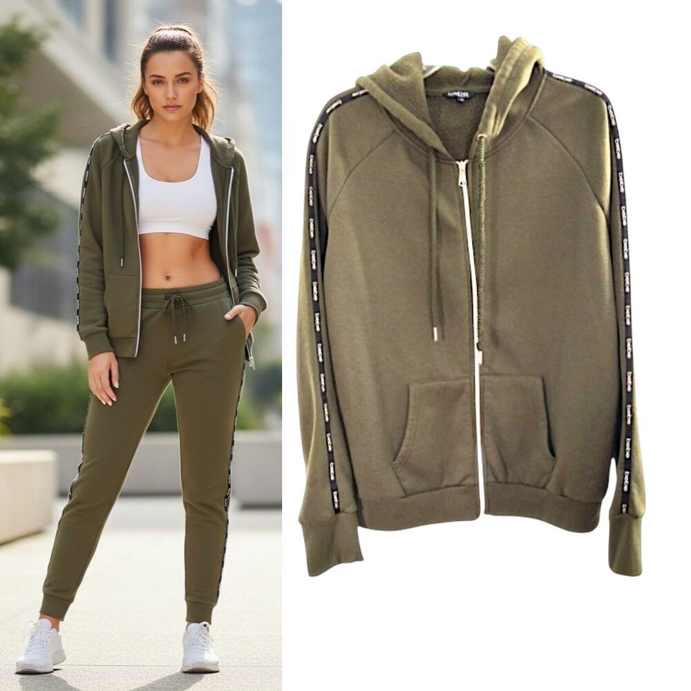 Bebe Sport Full Zip Hoodie Women 2X Green Fleece Jacket Spell Out Logo Y2K Style